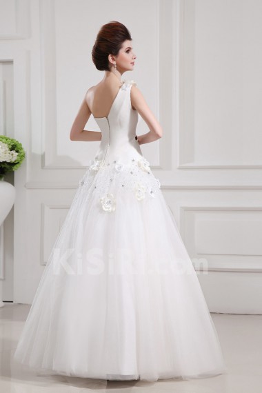 Net and Satin One Shoulder Floor Length Ball Gown with Handmade Flowers