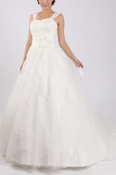 Net and Satin Straps Neckline Ball Gown with Crystal