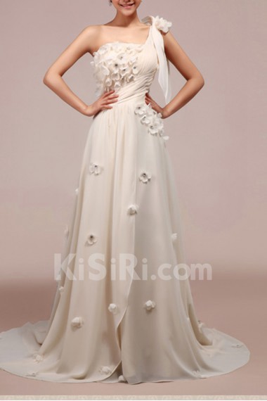 Chiffon One Shoulder Empire Gown with Handmade Flowers