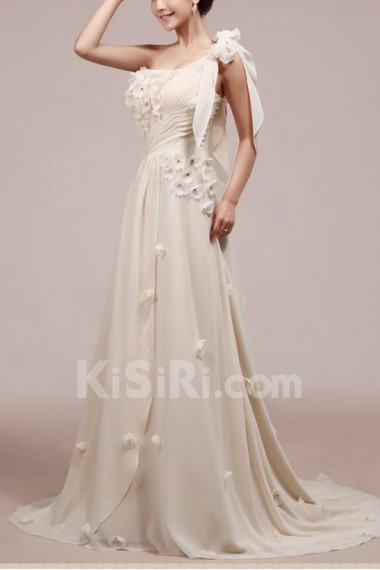 Chiffon One Shoulder Empire Gown with Handmade Flowers