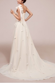 Chiffon One Shoulder Empire Gown with Handmade Flowers