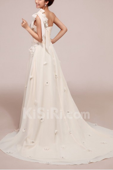 Chiffon One Shoulder Empire Gown with Handmade Flowers