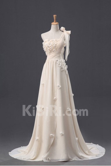 Chiffon One Shoulder Empire Gown with Handmade Flowers