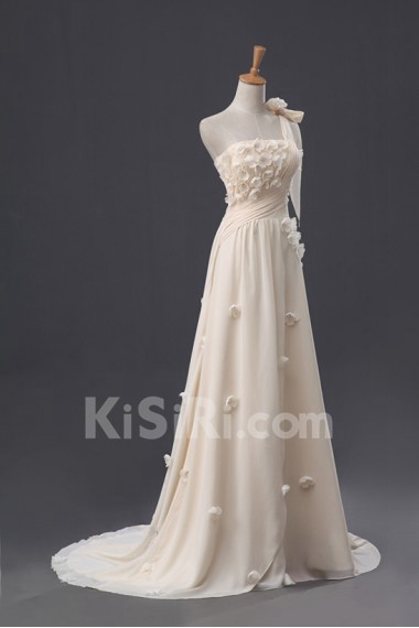 Chiffon One Shoulder Empire Gown with Handmade Flowers