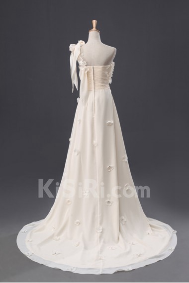 Chiffon One Shoulder Empire Gown with Handmade Flowers