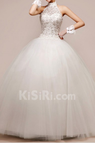 Net and Satin Halter Floor Length Ball Gown