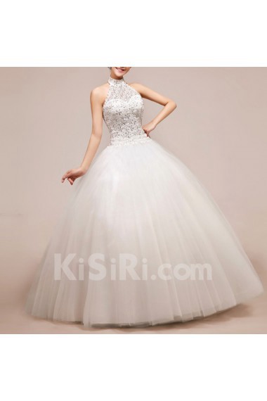 Net and Satin Halter Floor Length Ball Gown