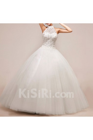 Net and Satin Halter Floor Length Ball Gown