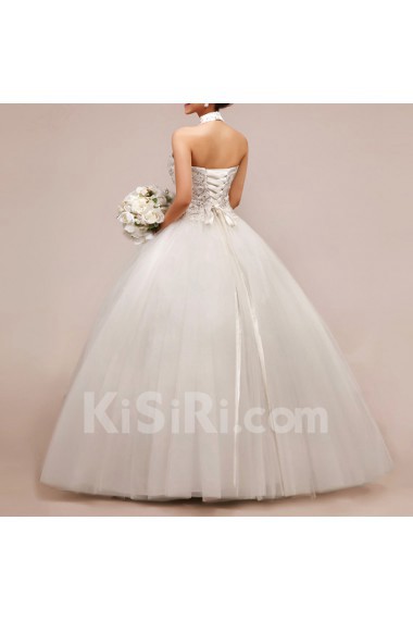 Net and Satin Halter Floor Length Ball Gown