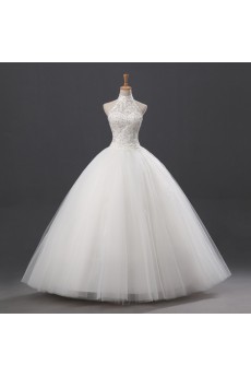 Net and Satin Halter Floor Length Ball Gown