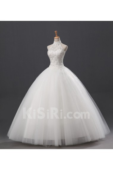 Net and Satin Halter Floor Length Ball Gown