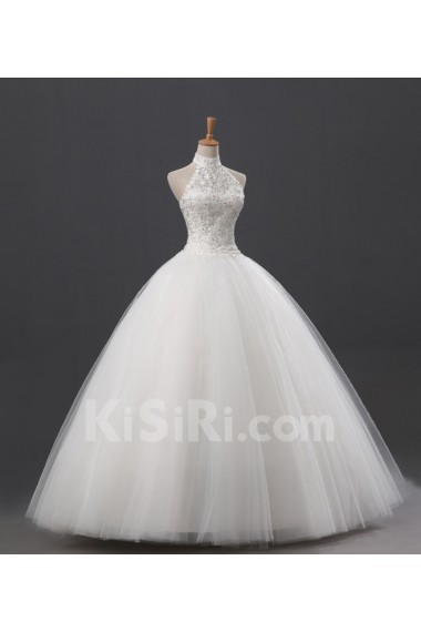 Net and Satin Halter Floor Length Ball Gown