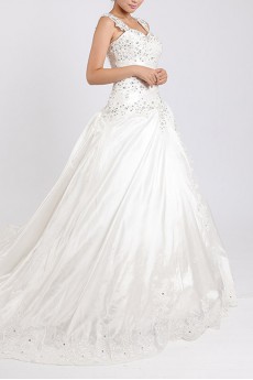 Net and Satin Straps Neckline Cathedral Train Ball Gown with Crystal