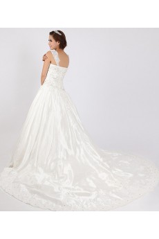 Net and Satin Straps Neckline Cathedral Train Ball Gown with Crystal