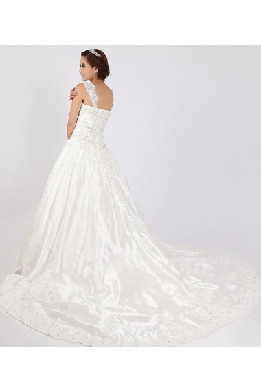 Net and Satin Straps Neckline Cathedral Train Ball Gown with Crystal