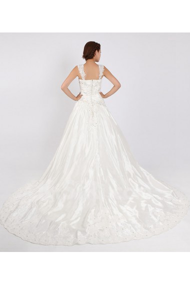 Net and Satin Straps Neckline Cathedral Train Ball Gown with Crystal