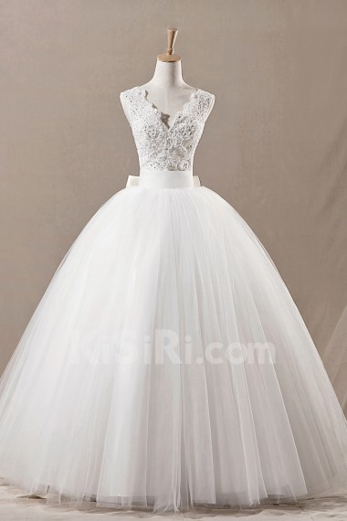 Net V-neck Floor Length Ball Gown with Sequins