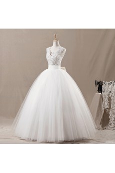 Net V-neck Floor Length Ball Gown with Sequins