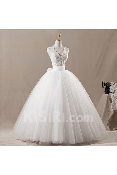 Net V-neck Floor Length Ball Gown with Sequins