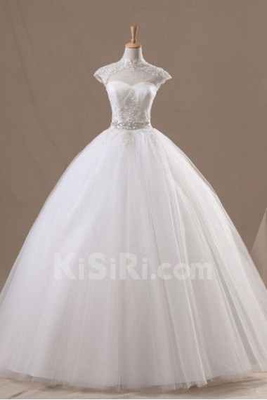 Net High Collar Neckline Floor Length Ball Gown with Handmade Flowers