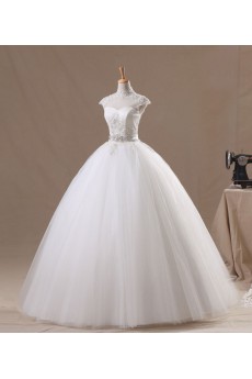 Net High Collar Neckline Floor Length Ball Gown with Handmade Flowers