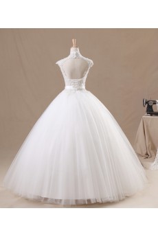 Net High Collar Neckline Floor Length Ball Gown with Handmade Flowers