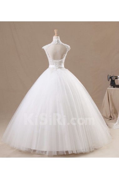 Net High Collar Neckline Floor Length Ball Gown with Handmade Flowers