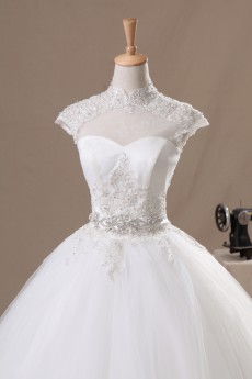 Net High Collar Neckline Floor Length Ball Gown with Handmade Flowers