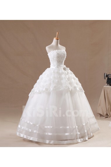 Organza Strapless Floor Length Ball Gown with Handmade Flowers