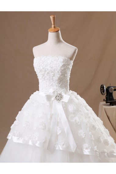 Organza Strapless Floor Length Ball Gown with Handmade Flowers