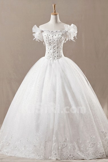 Net Off-the-Shoulder Floor Length Ball Gown with Crystal