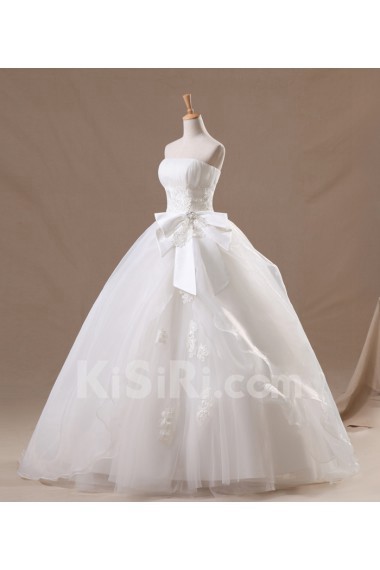 Organza Strapless Floor Length Ball Gown with Handmade Flowers