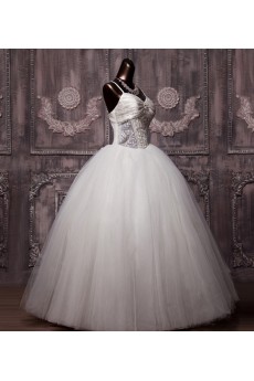 Net Spaghetti Neckline Floor Length Ball Gown with Pearls