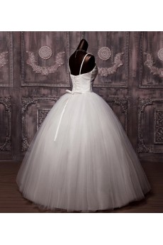 Net Spaghetti Neckline Floor Length Ball Gown with Pearls