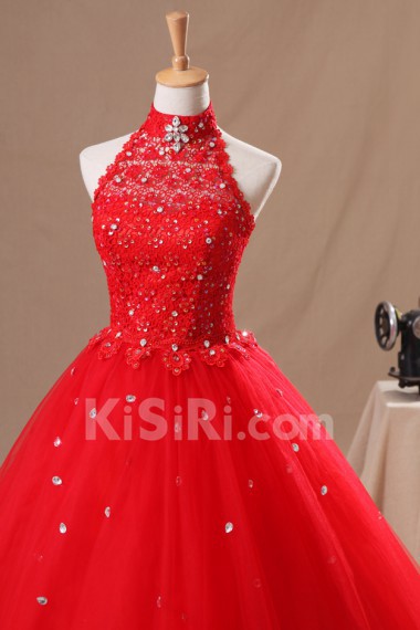 Organza Halter Floor Length Ball Gown with Crystal