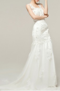 Lace Straps Neckline Cathedral Train Mermaid Gown with Sequins