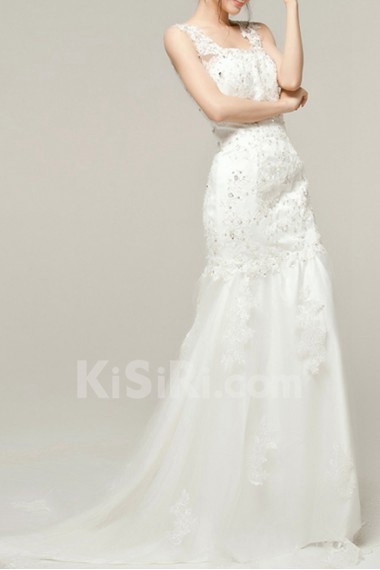 Lace Straps Neckline Cathedral Train Mermaid Gown with Sequins