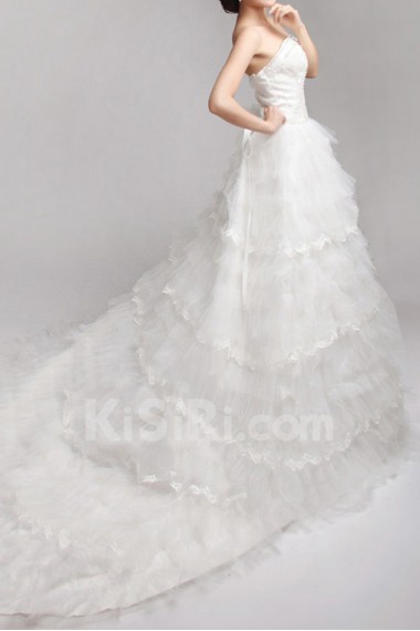 Organza Strapless Cathedral Train A-line Gown with Crystal