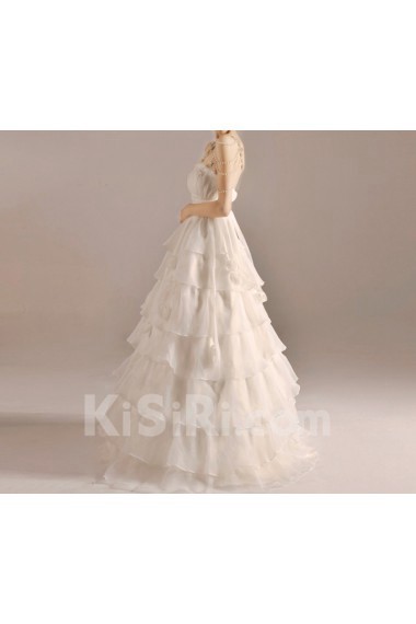 Organza Spaghetti Neckline Floor Length A-line Gown with Handmade Flowers