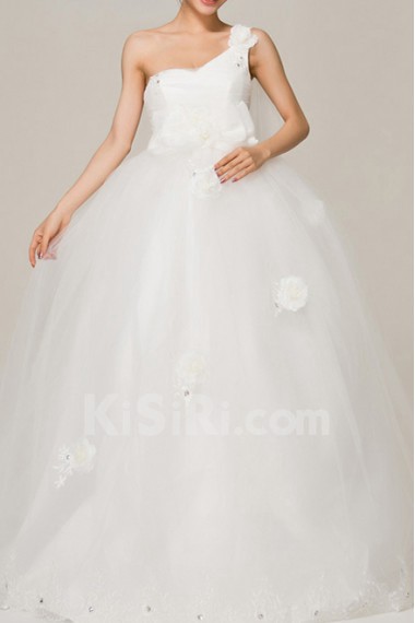 Satin One Shoulder Floor Length Ball Gown with Handmade Flowers