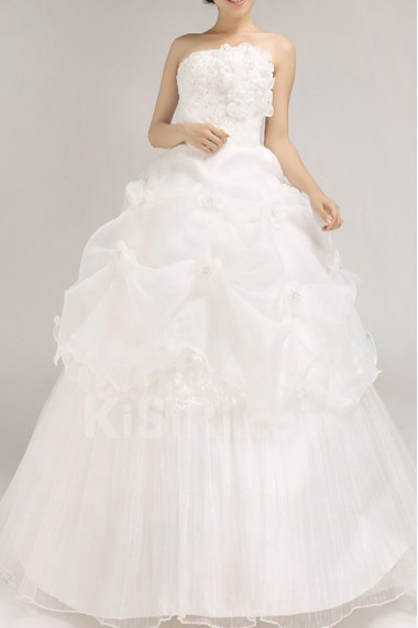 Organza Strapless Floor Length Ball Gown with Handmade Flowers