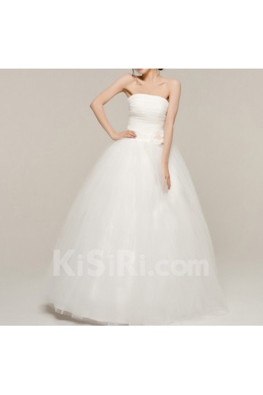 Satin Strapless Floor Length Ball Gown with Handmade Flowers