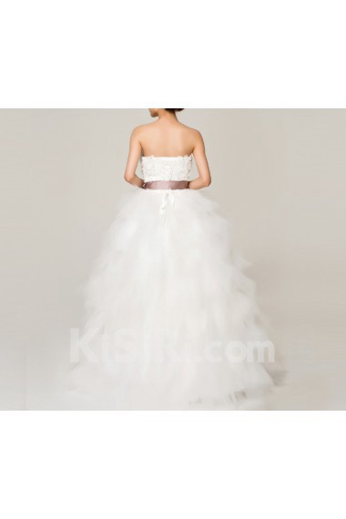 Satin Strapless Floor Length Ball Gown with Handmade Flowers