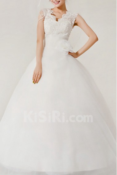 Organza V-neck Floor Length Ball Gown with Handmade Flowers