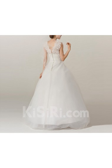 Organza V-neck Floor Length Ball Gown with Handmade Flowers