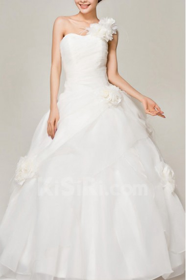 Satin One Shoulder Floor Length Ball Gown with Handmade Flowers