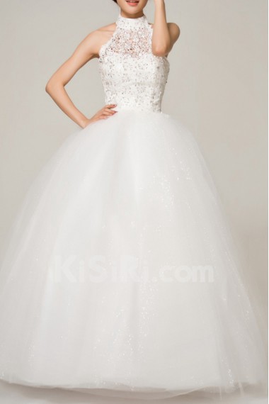 Satin High Collar Neckline Floor Length Ball Gown with Sequins