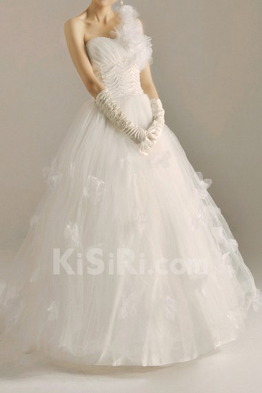 Net One Shoulder Floor Length Ball Gown with Handmade Flowers