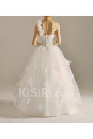 Net One Shoulder Floor Length Ball Gown with Handmade Flowers