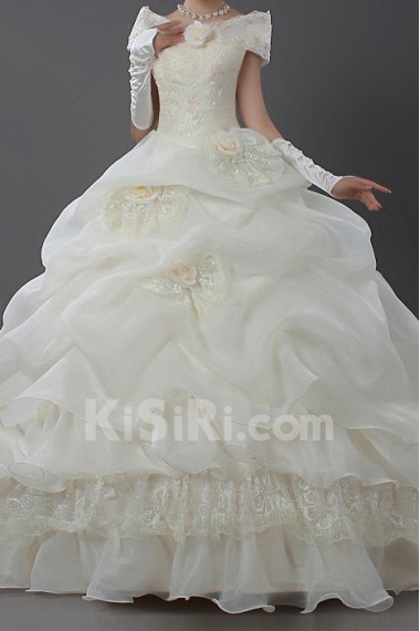 Satin Off-the-Shoulder Cathedral Train Ball Gown with Handmade Flowers